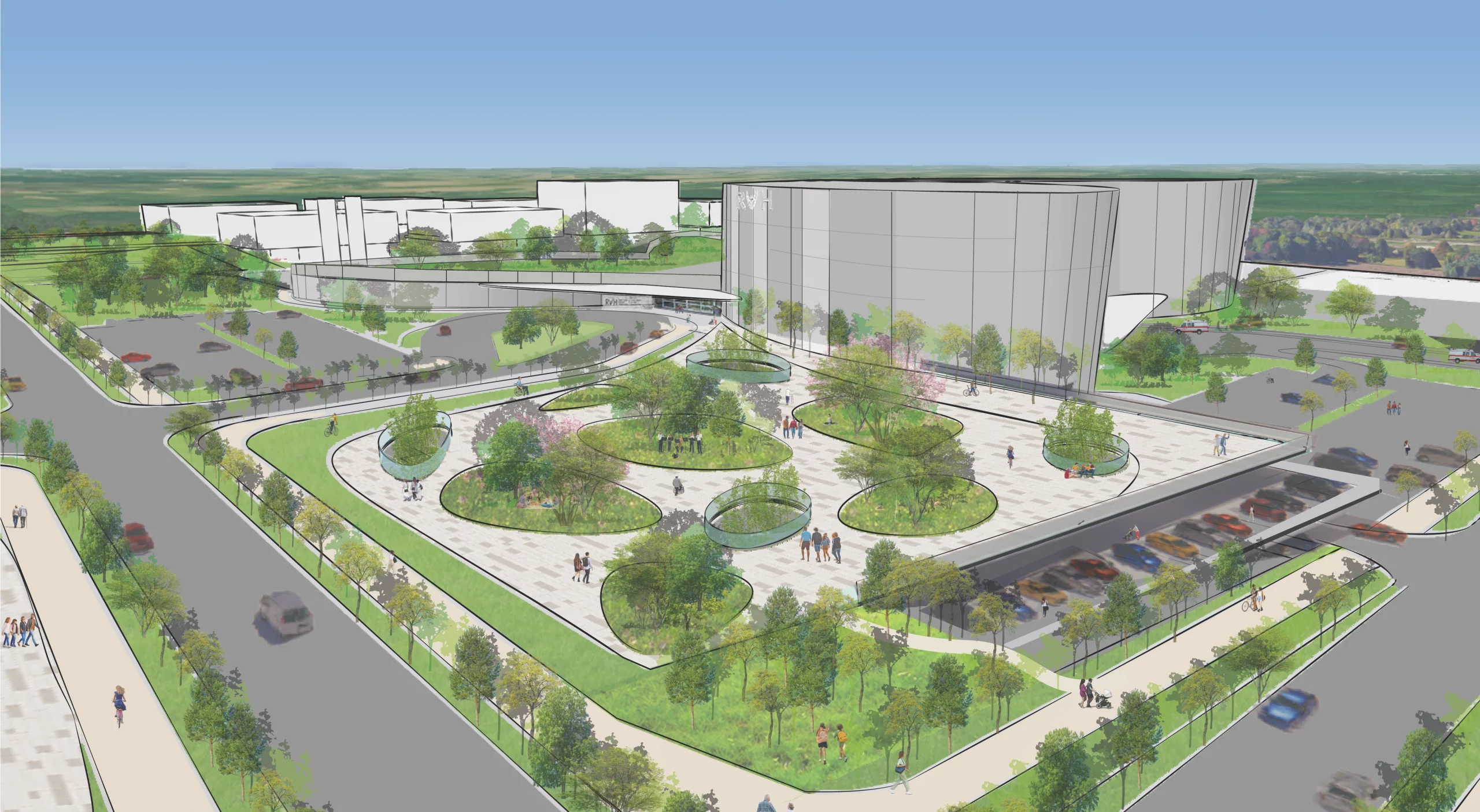 An artist’s rendering shows buildings atop a slight hill, depicting a possible design for RVH’s South Campus. A pond and a walkway in the foreground encourage a symbiotic relationship between the hospital and outdoor space.