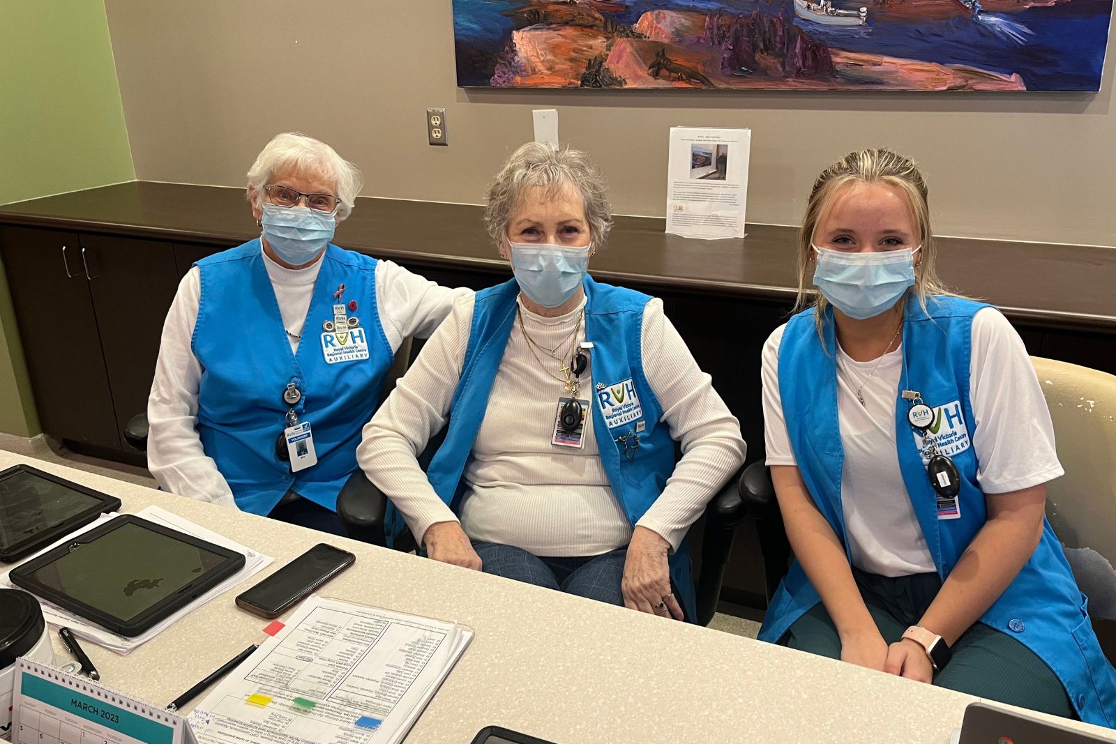 On Monday afternoons, you’ll find Dianne (middle) welcoming patients with a friendly face at the Simcoe Muskoka Regional Cancer Centre at RVH with fellow volunteers Bev (on the left) and Olivia (on the right).