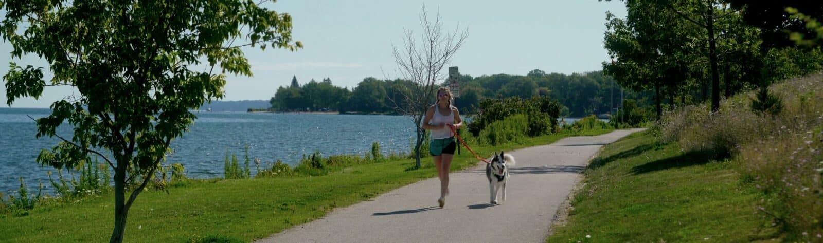 A woman and her dog are out for a jog along the Barrie Waterfront.