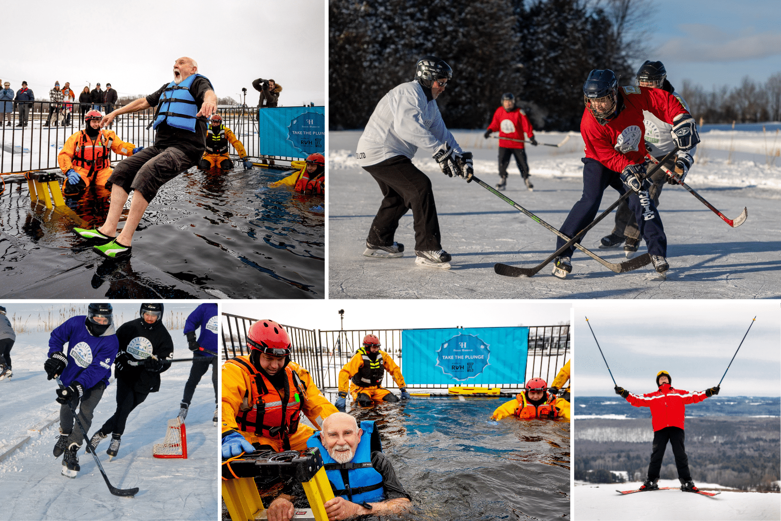 A collage of winter activities including, Pond hockey, skiing and polar plunges.